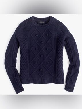 J. Crew Navy Cable Knit Sweater Pom Pom Textured Crewneck Size L